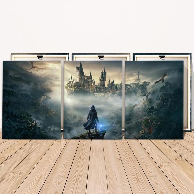 Wooden Framed Canvas Painting, 3 Counts set Wizard & Castle Pattern Canvas Poster, Modern Wall Art for Living Room Bedroom Decor