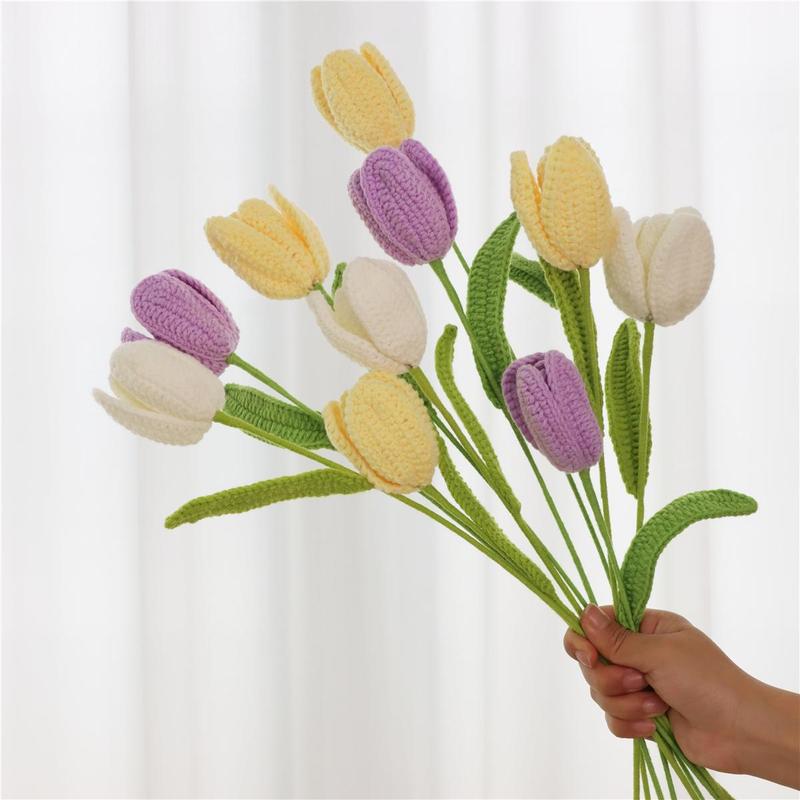 Crochet Tulip Flower Bouquet, 10pcs Artificial Fiber Flower without Vase, Decorative Artificial Plants, Home Decor Supplies for Living Room Bedroom Wedding Party, Girlfriend Gifts, Fall Decor