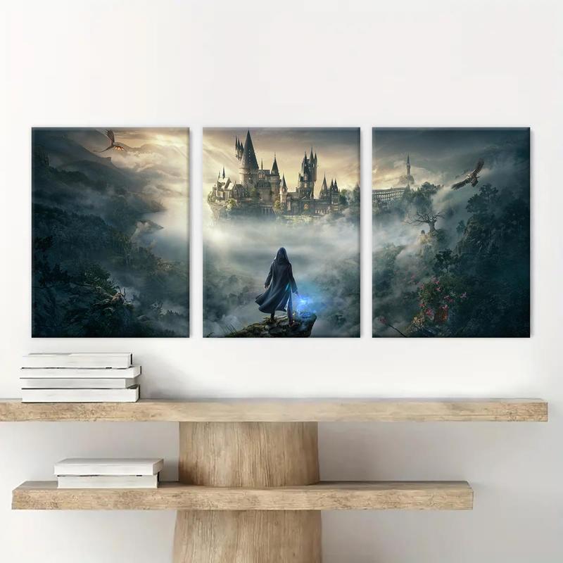 Wooden Framed Canvas Painting, 3 Counts set Wizard & Castle Pattern Canvas Poster, Modern Wall Art for Living Room Bedroom Decor