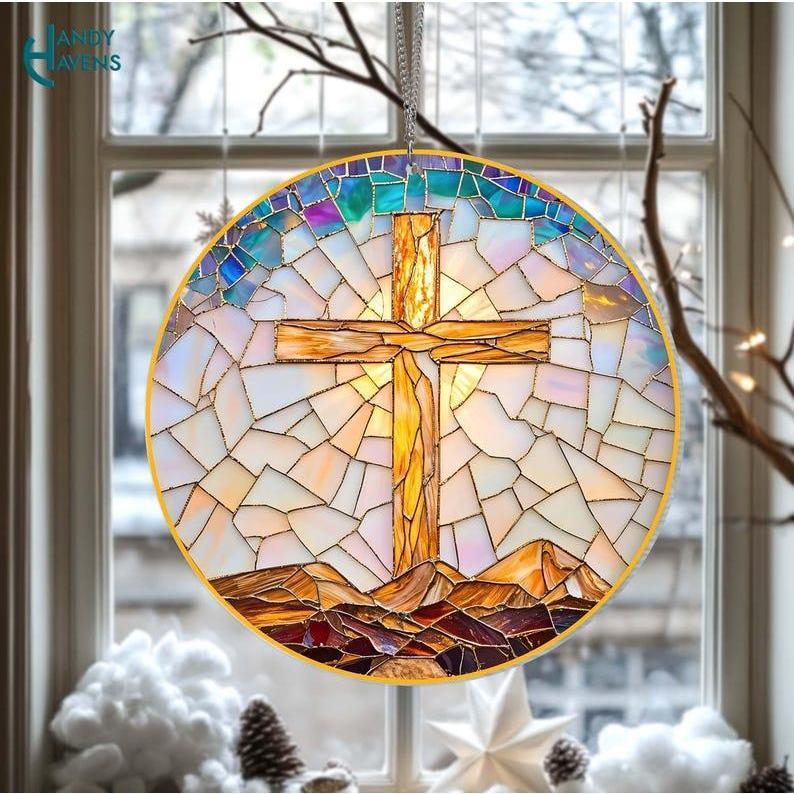 Catholic Cross Christian Acrylic Suncatcher, Christian Gift for Her,Christmas Window Hanging,Mosaic Suncatcher,Gift for Mom,Christmas Gifts