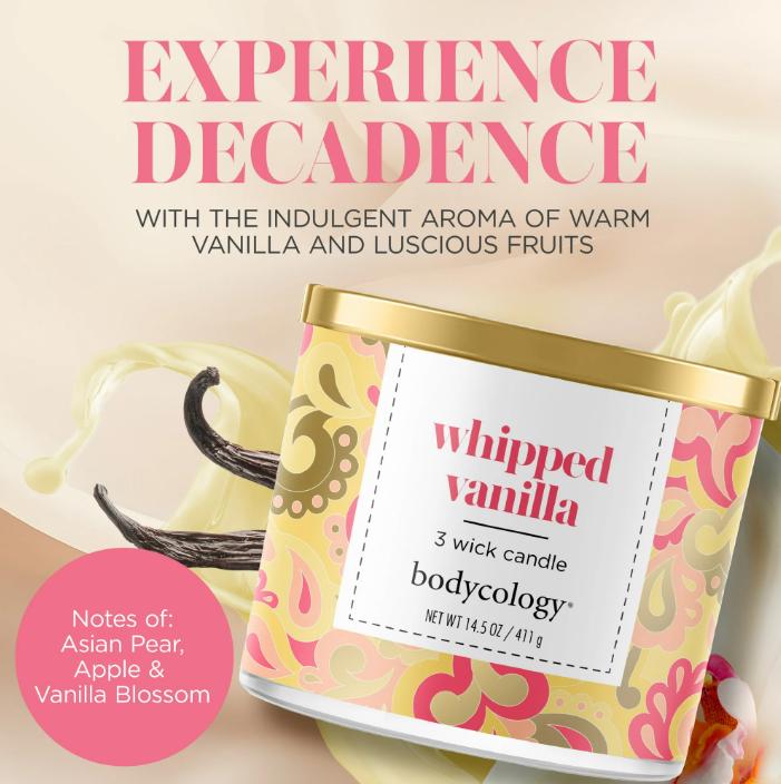 Bodycology 3-Wick Candle, Whipped Vanilla, 14.5 oz  Decor Fragrance  Freshener Ornaments Scented Scent  Decor Scent