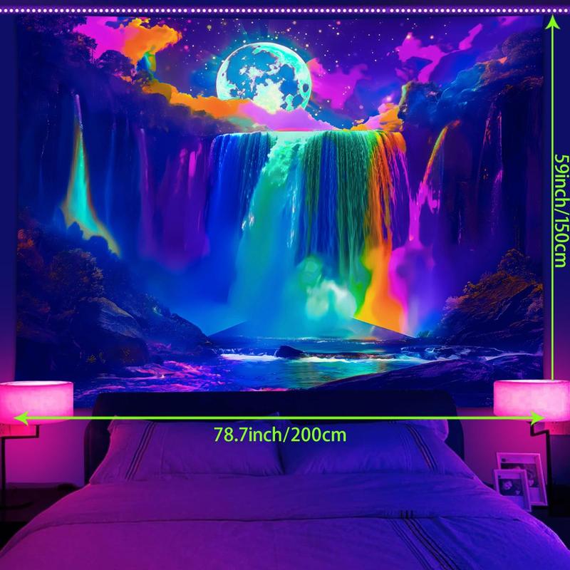 Moon & Waterfall Pattern Tapestry, 1 Count Colorful Fluorescent Ultraviolet Reaction Forest Pattern Tapestry, Wall Hanging for Home Living Room Bedroom Dormitory Office