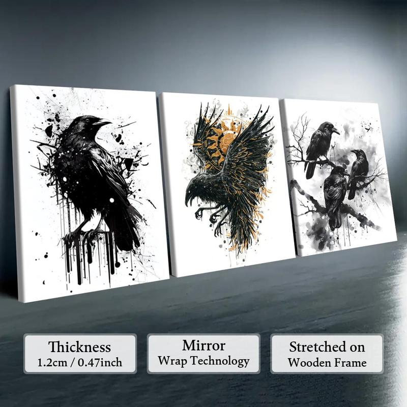 Crow Pattern Canvas Painting with Frame, 3 Counts set Modern Wall Art Painting, Wall Decor for Home Living Room Bedroom Office