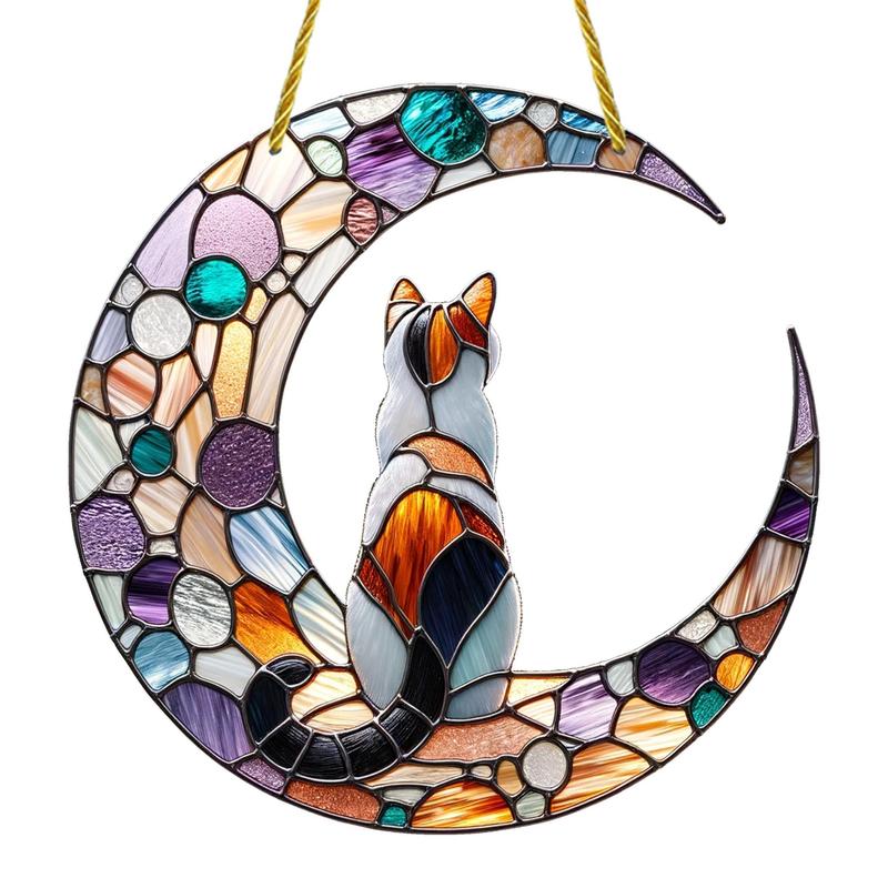 Cat & Moon Design Hanging Decor, 1 Count Stained Glass Ornament, Window Hanging Decoration for Living Room Bedroom