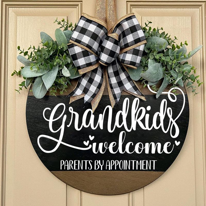 Wooden Grandkids Welcome Parents by Appointment Front Door Sign, 1 Count Bow Decor Letter Printed Hanging Decoration, Home Decor for Front Porch