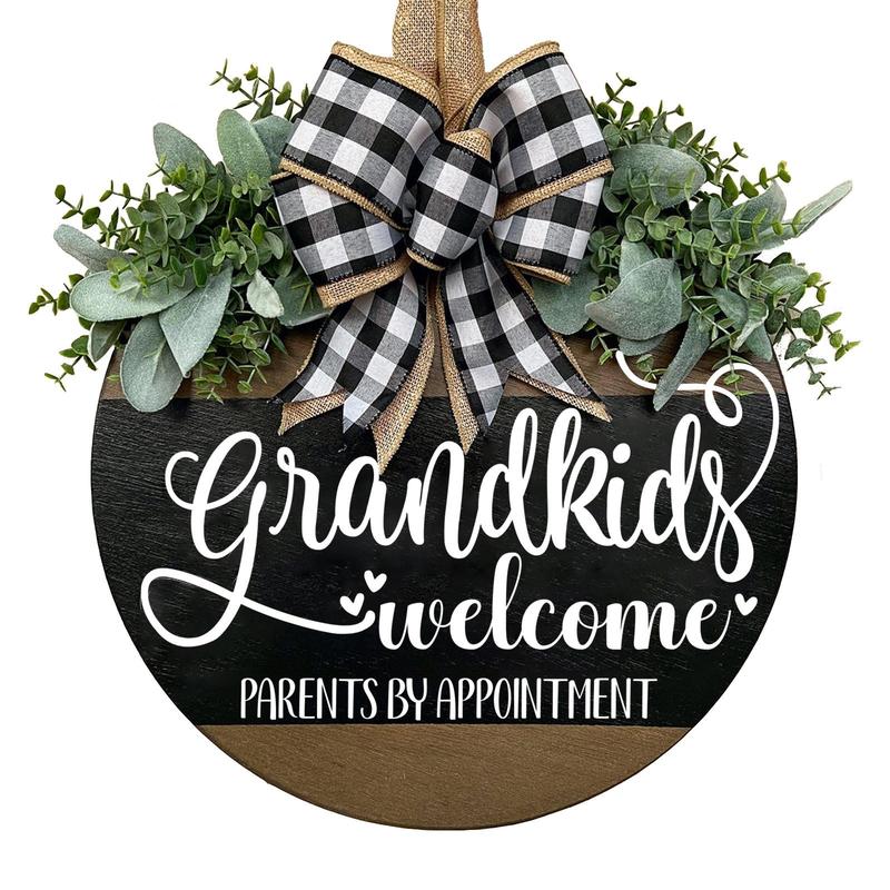 Wooden Grandkids Welcome Parents by Appointment Front Door Sign, 1 Count Bow Decor Letter Printed Hanging Decoration, Home Decor for Front Porch