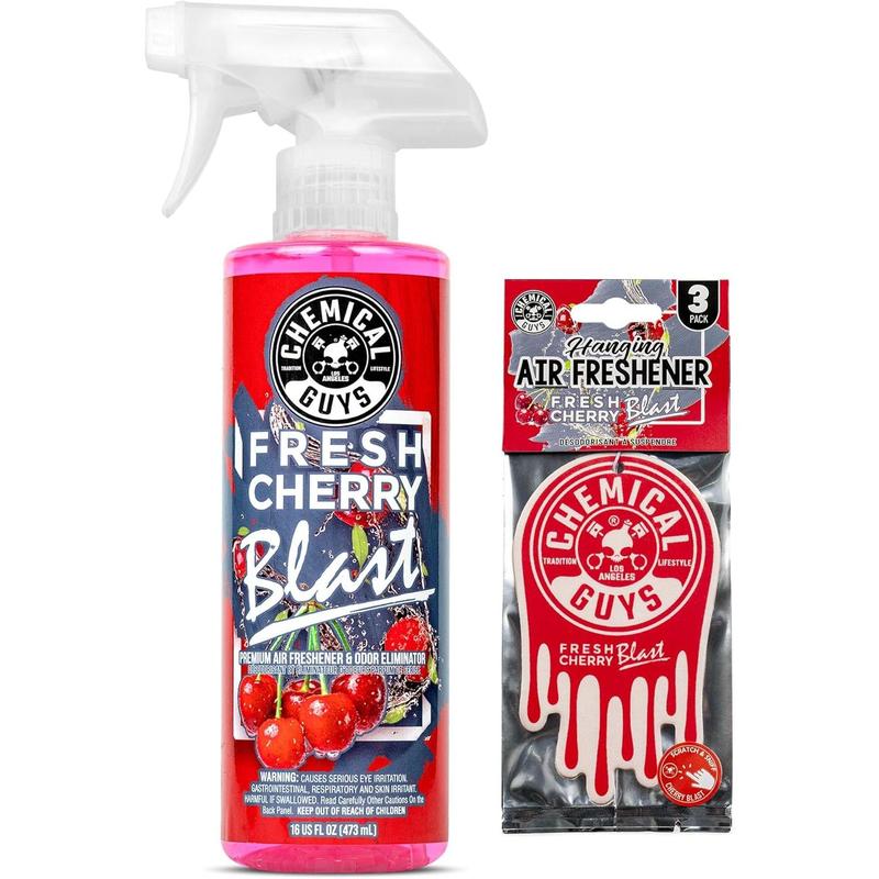 Chemical Guys Fresh Cherry Blast Air Freshener and Odor Eliminator, 16 fl oz with 3 Pack of Hanging Air Fresheners (Great for Cars, Trucks, SUVs, RVs, Home, Office, Dorm Room & More)