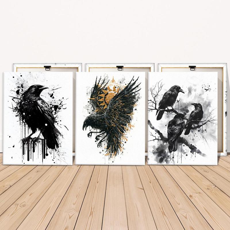 Crow Pattern Canvas Painting with Frame, 3 Counts set Modern Wall Art Painting, Wall Decor for Home Living Room Bedroom Office