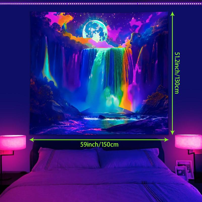 Moon & Waterfall Pattern Tapestry, 1 Count Colorful Fluorescent Ultraviolet Reaction Forest Pattern Tapestry, Wall Hanging for Home Living Room Bedroom Dormitory Office