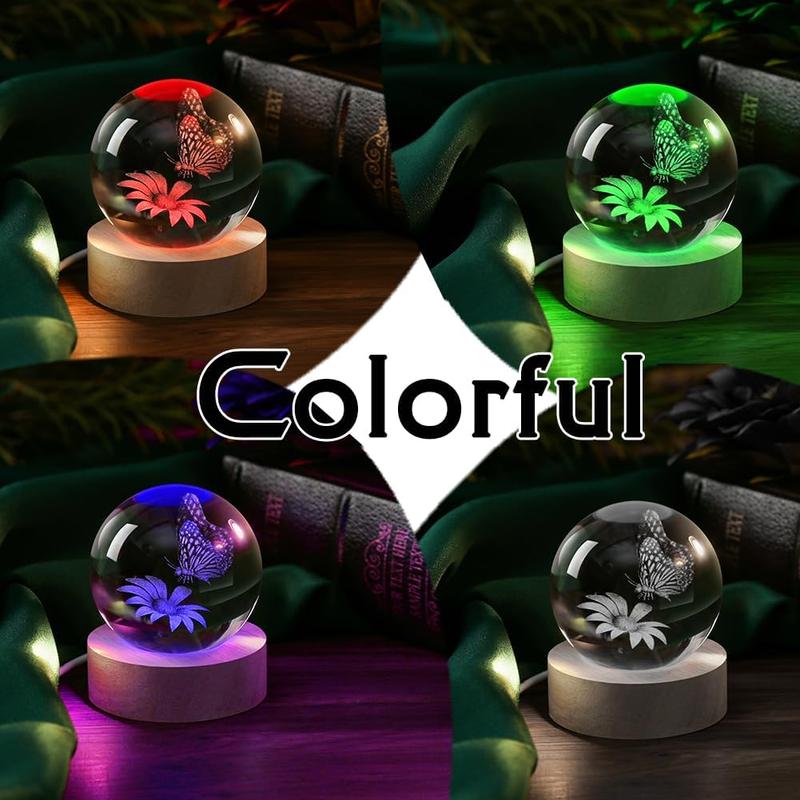 3D Butterfly Crystal Ball 60mm Gifts Ideas for Girlfriend Wife Mom Couple Her Butterfly on Sunflower in Glass Ball with Multicolor Lighting Base