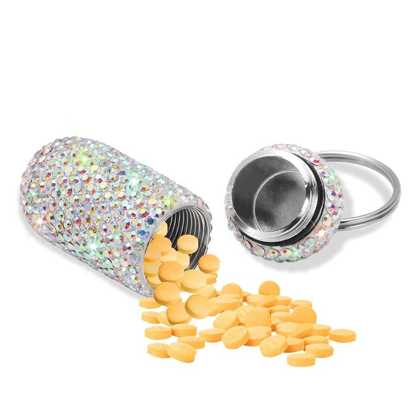 Portable Pill Case Pill Container Waterproof Pill Holder with Keychain Bling Pill Box Medicine Dispenser Bottle Storage for Outdoor Camping Travel (AB Color)  Ab Color Tin Canister