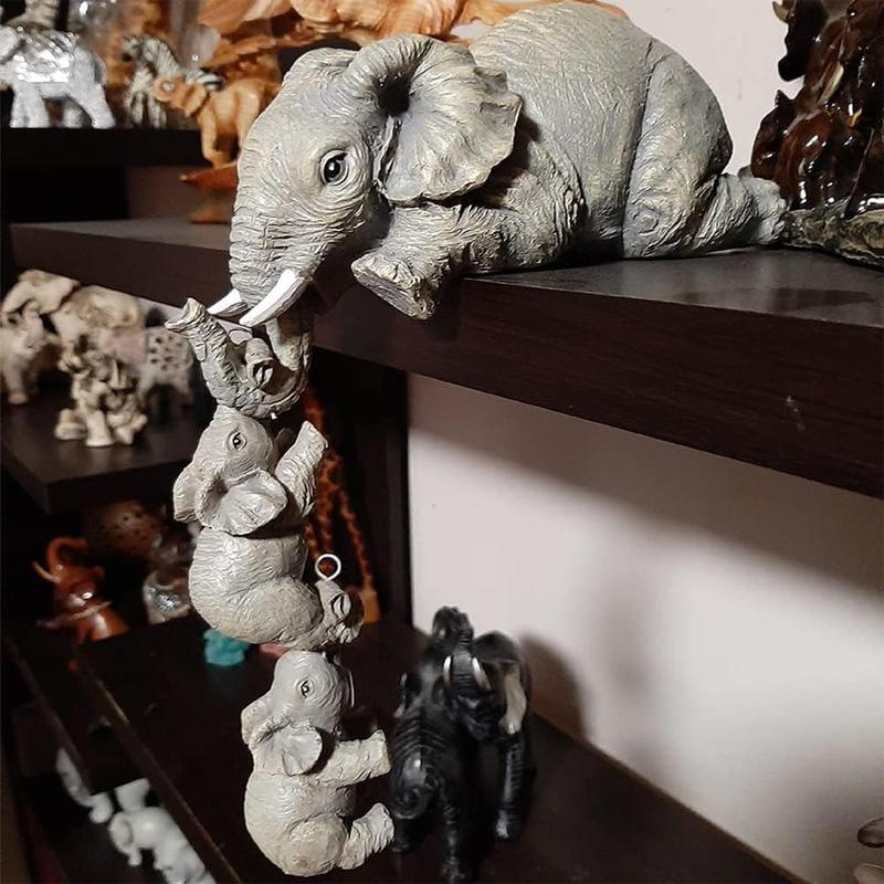 3Pcs Set Elephant Shelf Sitter, Mother Elephant Hanging Baby Elephants, Mantelpiece Decoration, Elephant Statue Sculpture Resin Figurines for Home Decor Ornaments