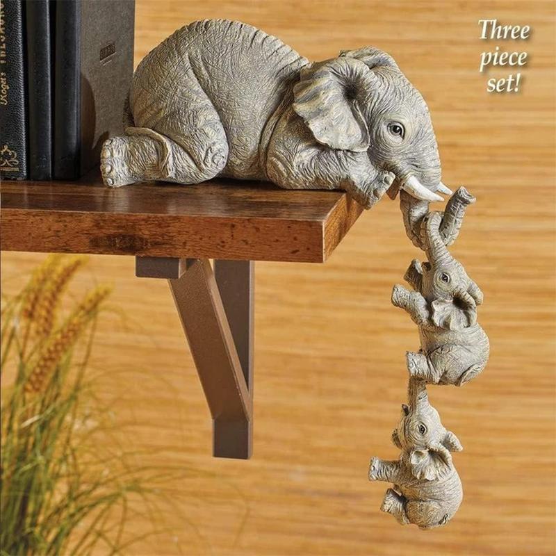 3Pcs Set Elephant Shelf Sitter, Mother Elephant Hanging Baby Elephants, Mantelpiece Decoration, Elephant Statue Sculpture Resin Figurines for Home Decor Ornaments