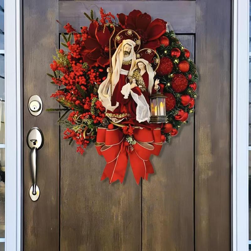 Christmas Themed Door Hanger, 1 Count Wooden Nativity Scene Wreath, Decoration for Home Window Wall Indoor Outdoor