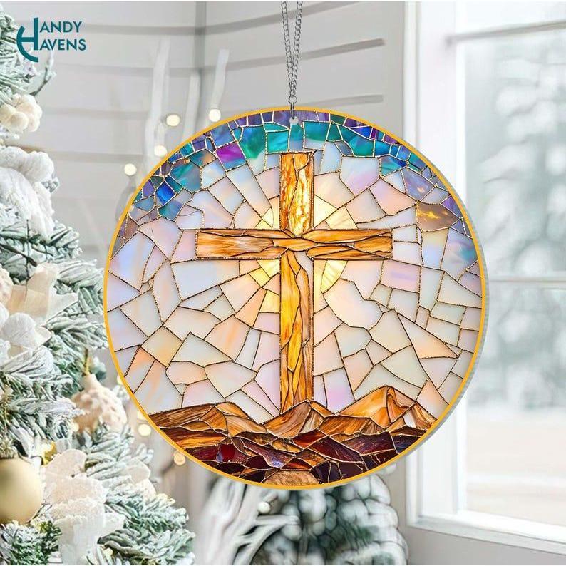 Catholic Cross Christian Acrylic Suncatcher, Christian Gift for Her,Christmas Window Hanging,Mosaic Suncatcher,Gift for Mom,Christmas Gifts