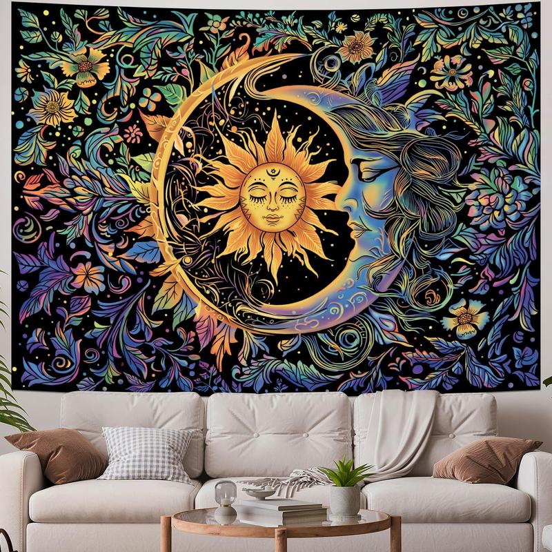 Sun and Moon Tapestry Psychedelic Mystic Floral Tapestry Hippie Boho Flower Plants Wall Tapestry Vintage Aesthetic Tapestry Wall Hanging for Bedroom