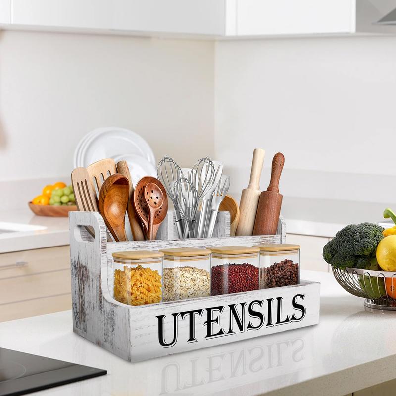 Wooden Kitchen Utensil Holder, 1 Count Letter Pattern Kitchen Utensil Storage Rack with 4 Compartments, Kitchen Utensil Organizer for Kitchen Counter