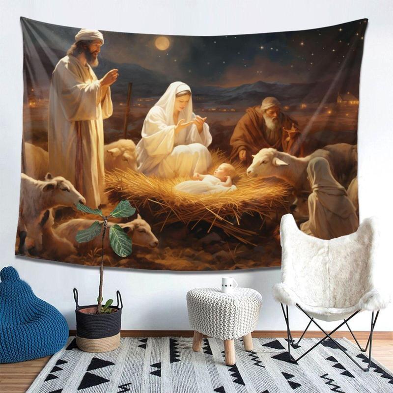 Winter Nativity Scene Pattern Tapestry, Christmas Backdrop Tapestry with Warm European Medieval Elements for Living Room and Outdoor Decor