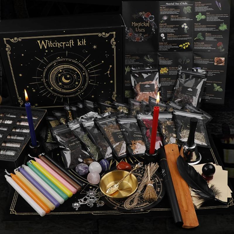 Witchcraft Supplies Kit 132 PCS, Wiccan Supplies, Including Witchcraft Herbs, Spell, Crystals Witchcraft, Witch Starter Kit Spiritual Healing Altar, Christmas Gift