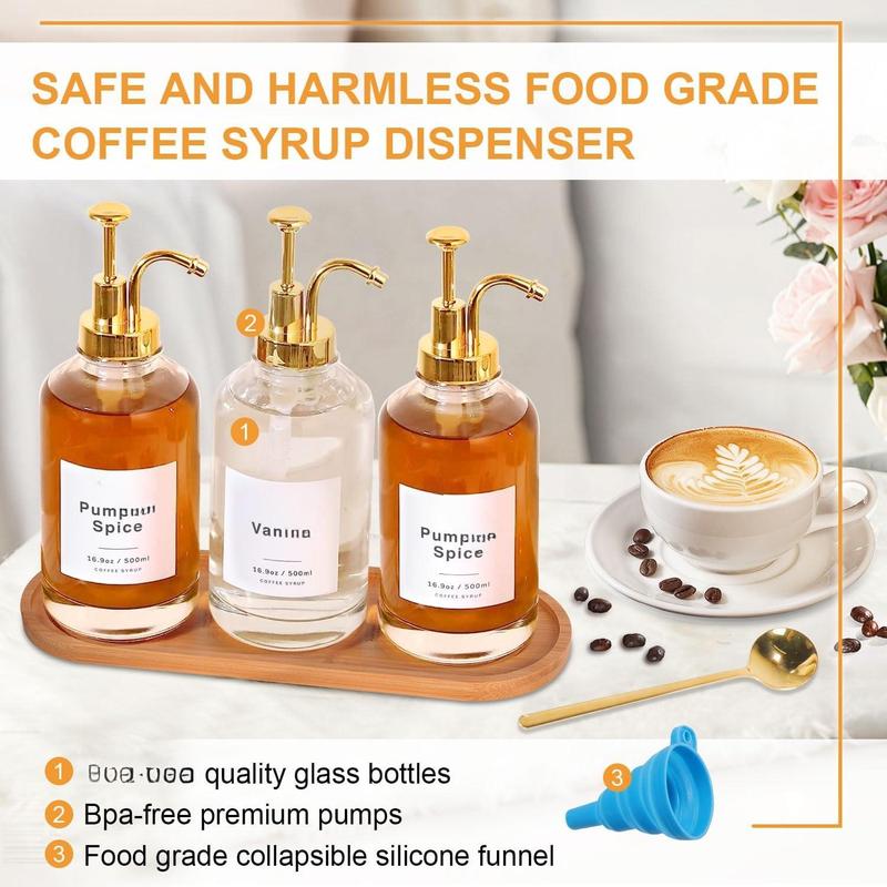 Coffee Syrup Dispenser for Coffee Bar, 16.9oz 500ml Glass Syrup Dispenser w Golden Coffee Scoop, Coffee Syrup Pump Dispenser w 36 Labels and Bamboo Tray, Coffee Syrup Bottles with Golden Pump, 3 count