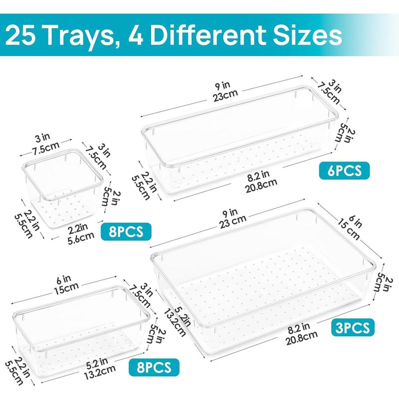 25 Pcs Clear Plastic Drawer Organizers Set, Versatile Drawer Organizer Trays, Storage Bins for Makeup, Jewelry, Gadgets for Kitchen, Bedroom, Bathroom, Vanity, Office. cosmetic. Boxes