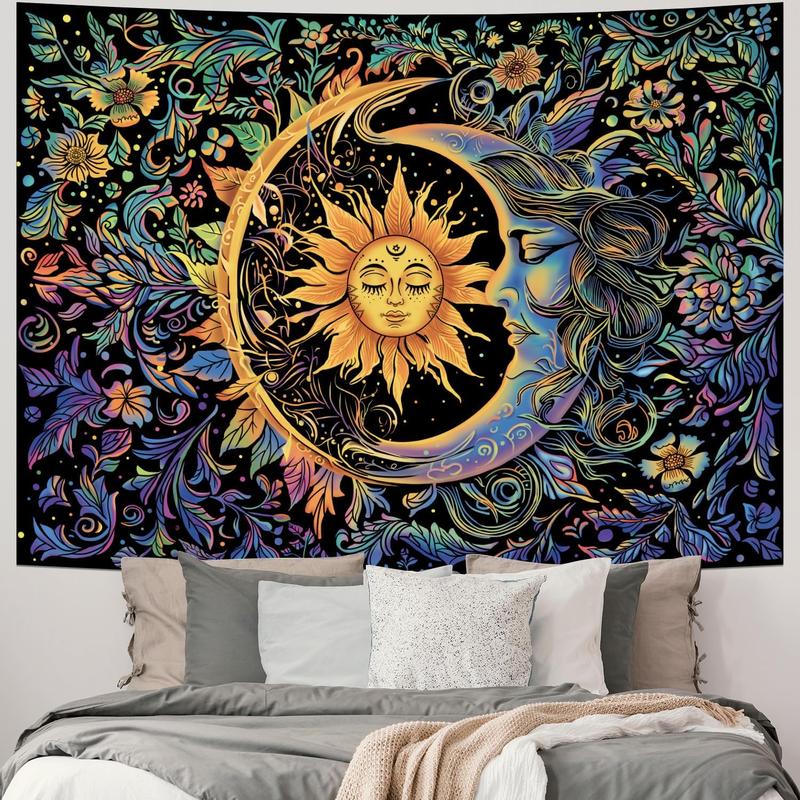 Sun and Moon Tapestry Psychedelic Mystic Floral Tapestry Hippie Boho Flower Plants Wall Tapestry Vintage Aesthetic Tapestry Wall Hanging for Bedroom