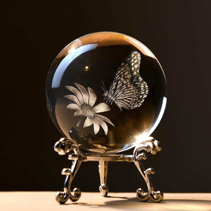 OneLight 3D Butterfly Crystal Ball 60mm Gifts Ideas for Girlfriend Wife Mom Couple Birthday, Christmas Gift Her Butterfly on Sunflower in Glass Ball with Stand Butterfly Sphere Novelty Home Decor