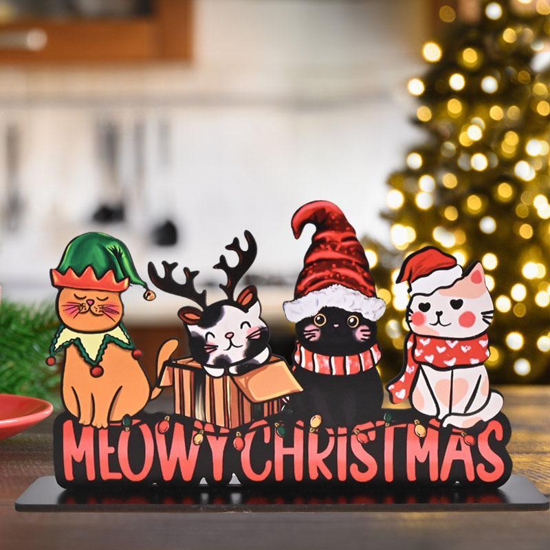 Meowy Christmas Themed Wooden Decoration, 1 Count Cute Christmas Cat-shaped Tabletop Ornament, Festive Decorations for Home Office