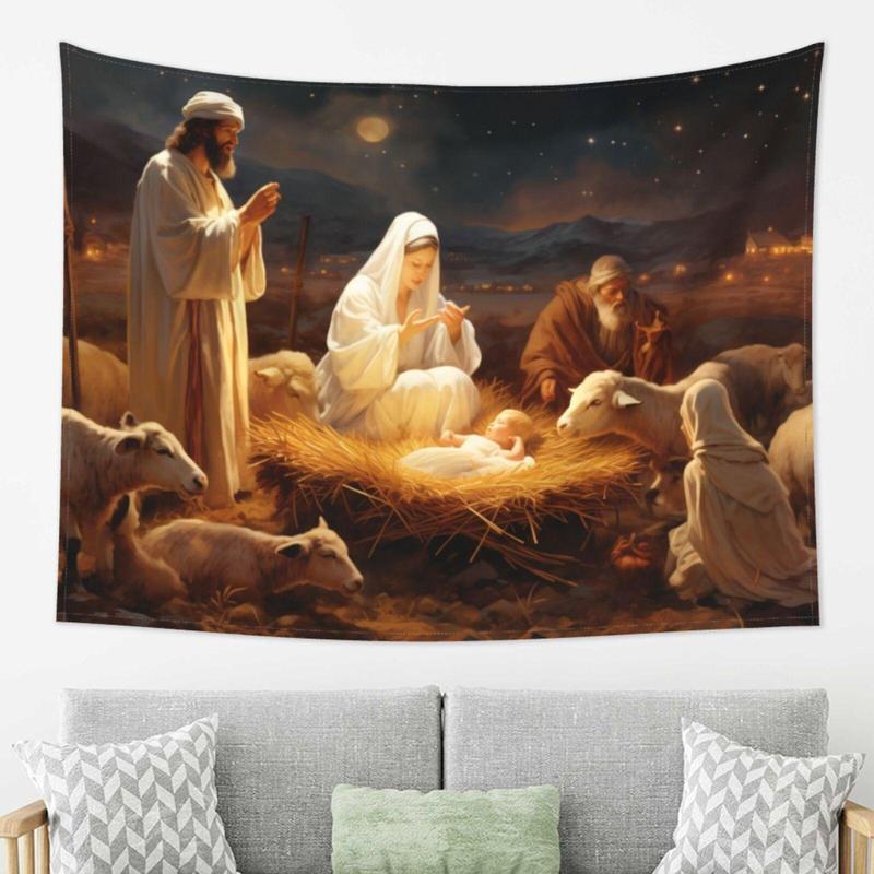 Winter Nativity Scene Pattern Tapestry, Christmas Backdrop Tapestry with Warm European Medieval Elements for Living Room and Outdoor Decor