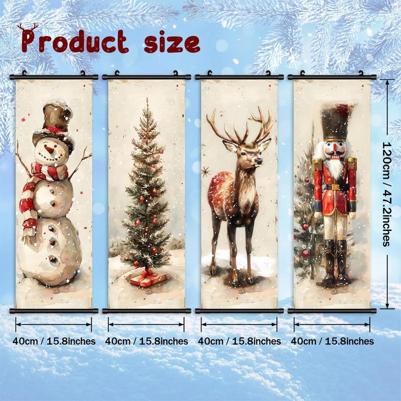 Vintage Christmas Themed Hanging Banner, 4 Counts set Snowman & Nutcracker & Deer & Tree Pattern Wall Art, Wall Decor for Home Living Room Bedroom Office