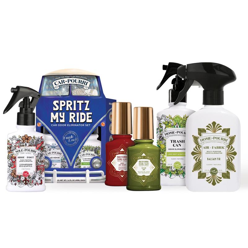 Home for the Holidays Bundle - Poo~Pourri 2 holiday scented Toliet Sprays, Home~Pourri 1 Room Spray & 1 Trash Can Spray, Sole~Pourri, Car~Pourri