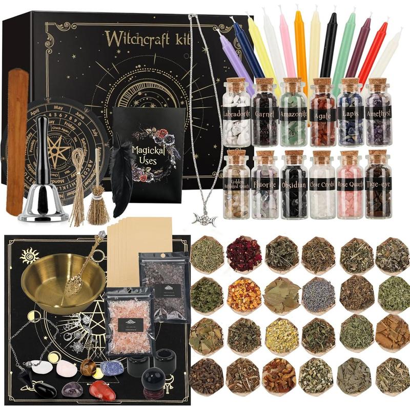 Witchcraft Supplies Kit 132 PCS, Wiccan Supplies, Including Witchcraft Herbs, Spell, Crystals Witchcraft, Witch Starter Kit Spiritual Healing Altar, Christmas Gift