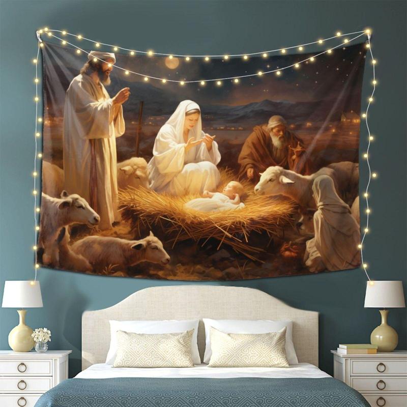 Winter Nativity Scene Pattern Tapestry, Christmas Backdrop Tapestry with Warm European Medieval Elements for Living Room and Outdoor Decor