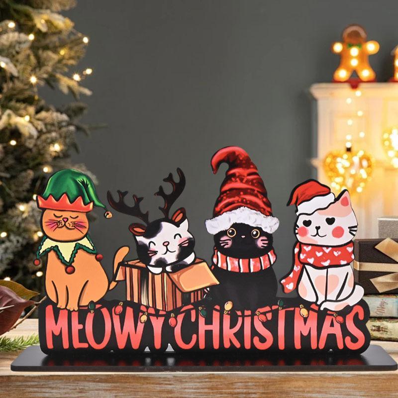 Meowy Christmas Themed Wooden Decoration, 1 Count Cute Christmas Cat-shaped Tabletop Ornament, Festive Decorations for Home Office