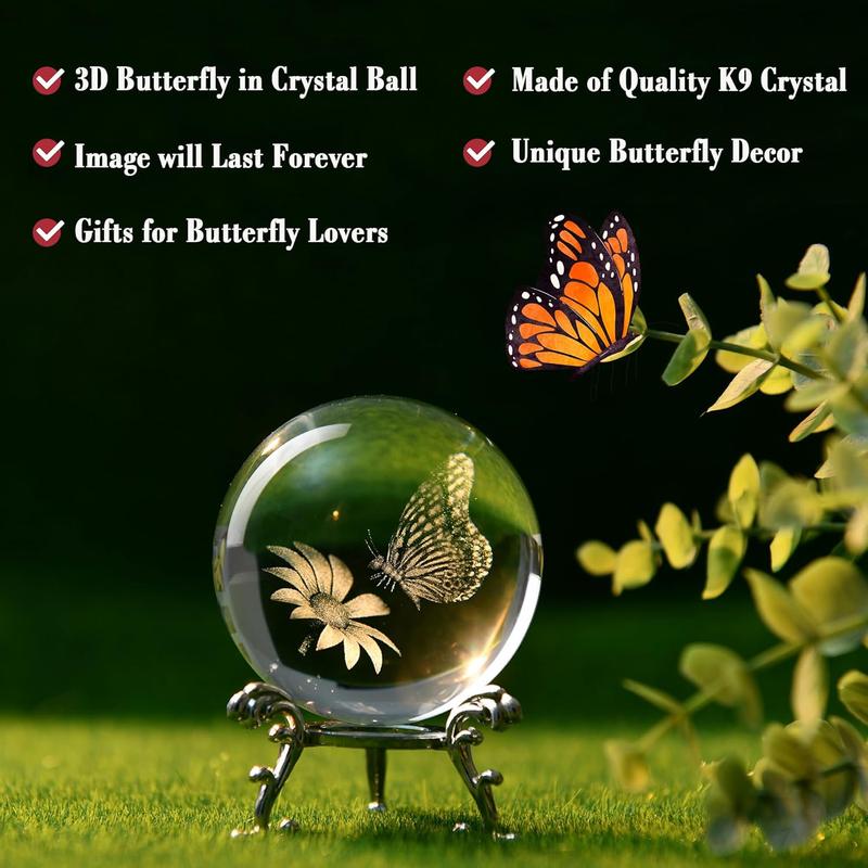 OneLight 3D Butterfly Crystal Ball 60mm Gifts Ideas for Girlfriend Wife Mom Couple Birthday, Christmas Gift Her Butterfly on Sunflower in Glass Ball with Stand Butterfly Sphere Novelty Home Decor