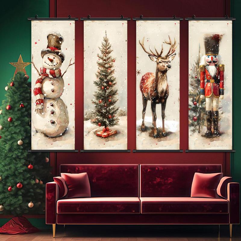 Vintage Christmas Themed Hanging Banner, 4 Counts set Snowman & Nutcracker & Deer & Tree Pattern Wall Art, Wall Decor for Home Living Room Bedroom Office