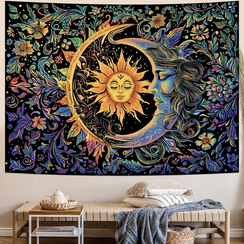 Sun and Moon Tapestry Psychedelic Mystic Floral Tapestry Hippie Boho Flower Plants Wall Tapestry Vintage Aesthetic Tapestry Wall Hanging for Bedroom