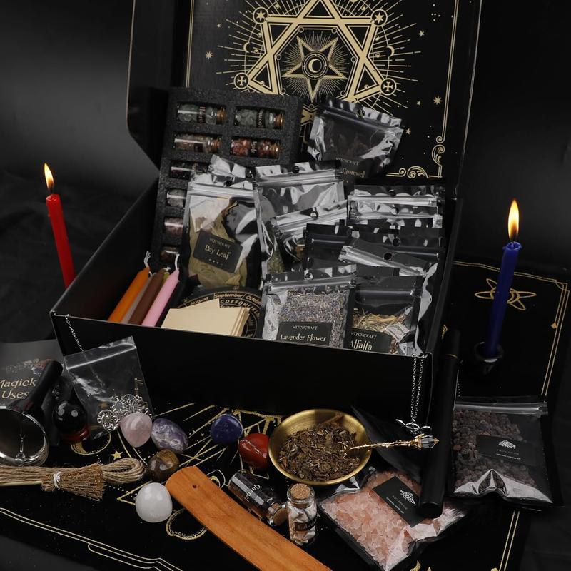 Witchcraft Supplies Kit 132 PCS, Wiccan Supplies, Including Witchcraft Herbs, Spell, Crystals Witchcraft, Witch Starter Kit Spiritual Healing Altar, Christmas Gift