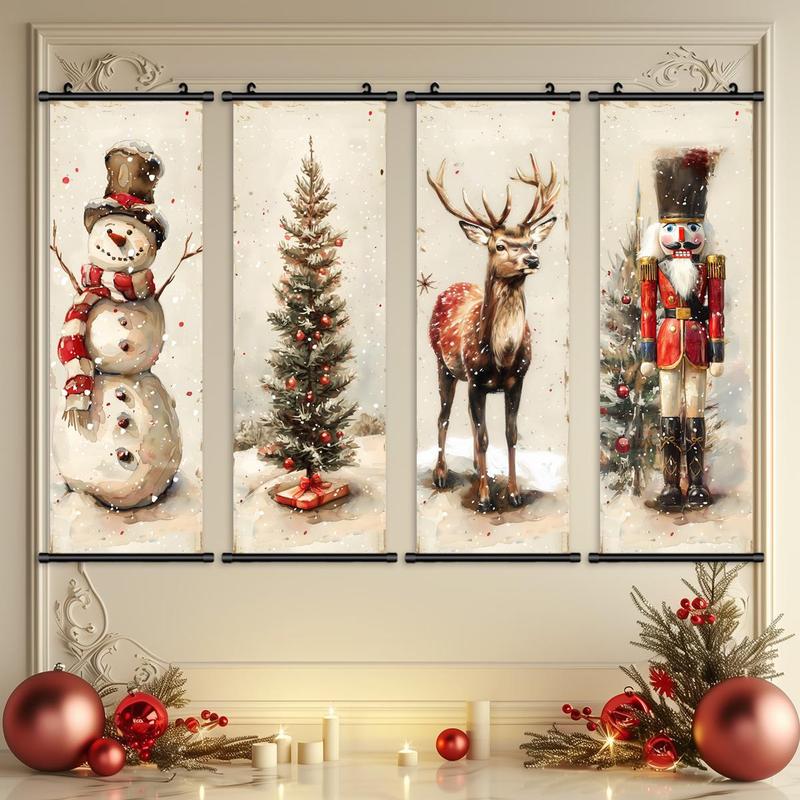 Vintage Christmas Themed Hanging Banner, 4 Counts set Snowman & Nutcracker & Deer & Tree Pattern Wall Art, Wall Decor for Home Living Room Bedroom Office