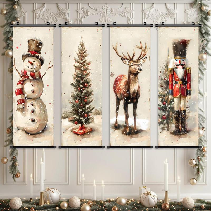 Vintage Christmas Themed Hanging Banner, 4 Counts set Snowman & Nutcracker & Deer & Tree Pattern Wall Art, Wall Decor for Home Living Room Bedroom Office