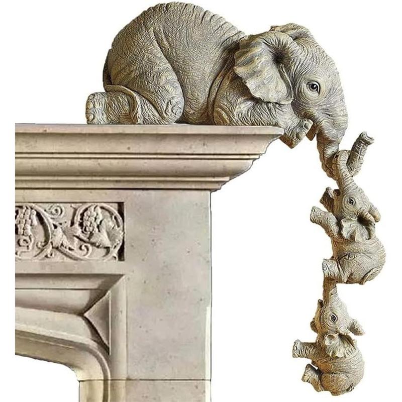 3Pcs Set Elephant Shelf Sitter, Mother Elephant Hanging Baby Elephants, Mantelpiece Decoration, Elephant Statue Sculpture Resin Figurines for Home Decor Ornaments