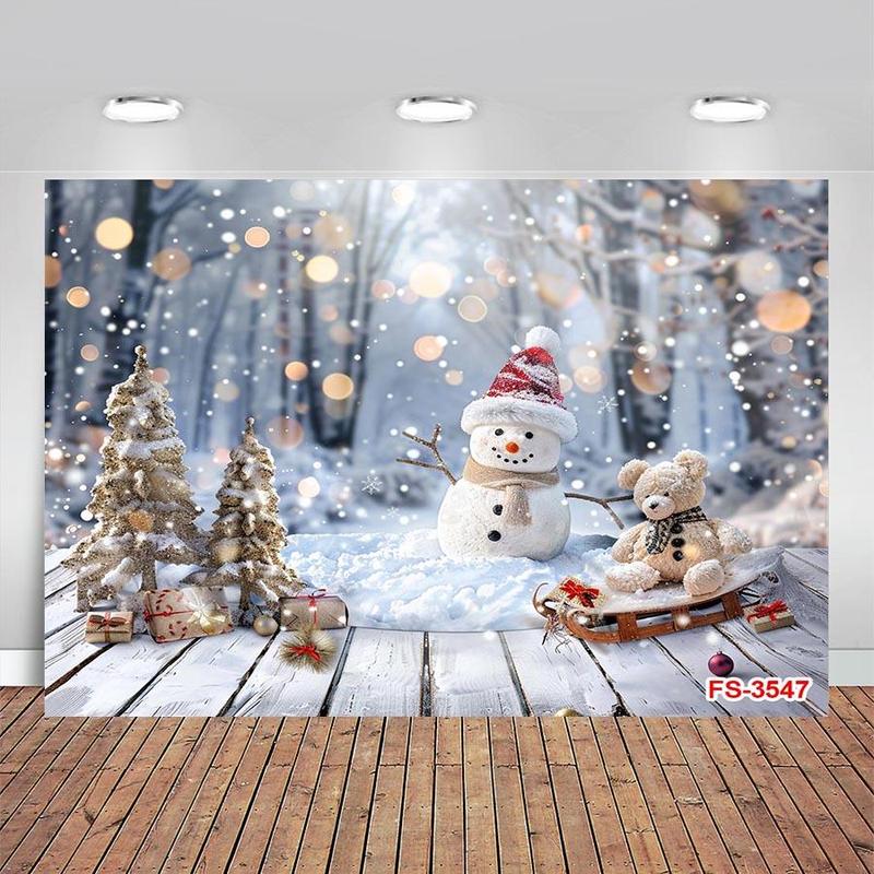 Winter Themed Backdrop, 1 Count Snowman & Snowy Forest Pattern Backdrop, Xmas Holiday Party Decor Banner, Studio Photography Photo Booth Props