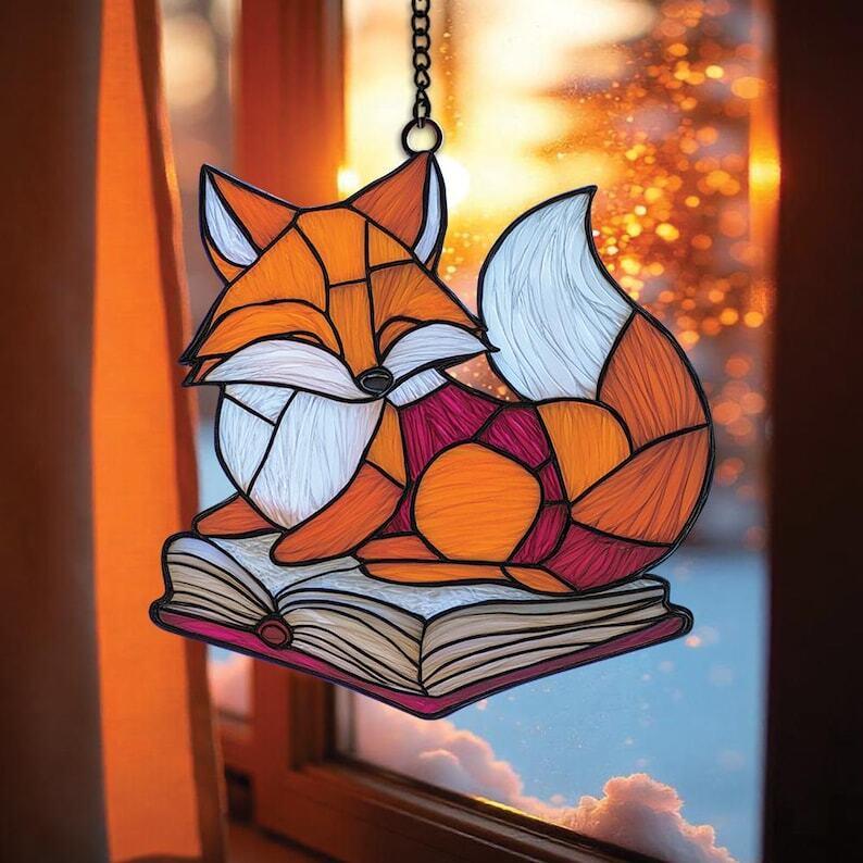 Fox On Book ACRYLIC Window Hanging Fox Home Decor Fox Book Decor Book Lover Gift Library Decor Librarian Gift Thanksgiving gift bookworm