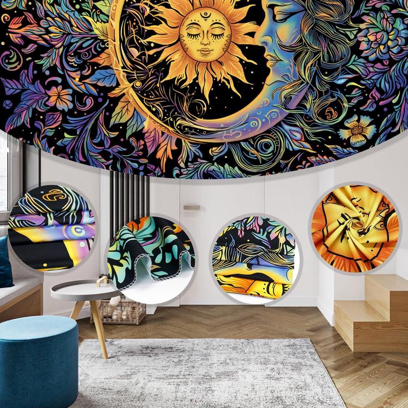 Sun and Moon Tapestry Psychedelic Mystic Floral Tapestry Hippie Boho Flower Plants Wall Tapestry Vintage Aesthetic Tapestry Wall Hanging for Bedroom