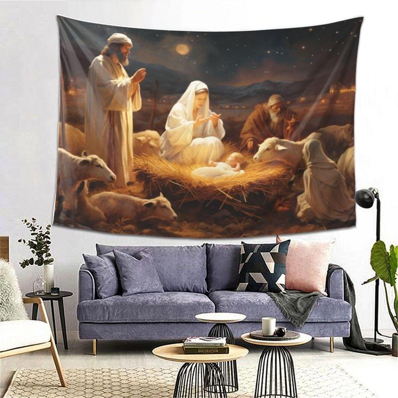 Winter Nativity Scene Pattern Tapestry, Christmas Backdrop Tapestry with Warm European Medieval Elements for Living Room and Outdoor Decor