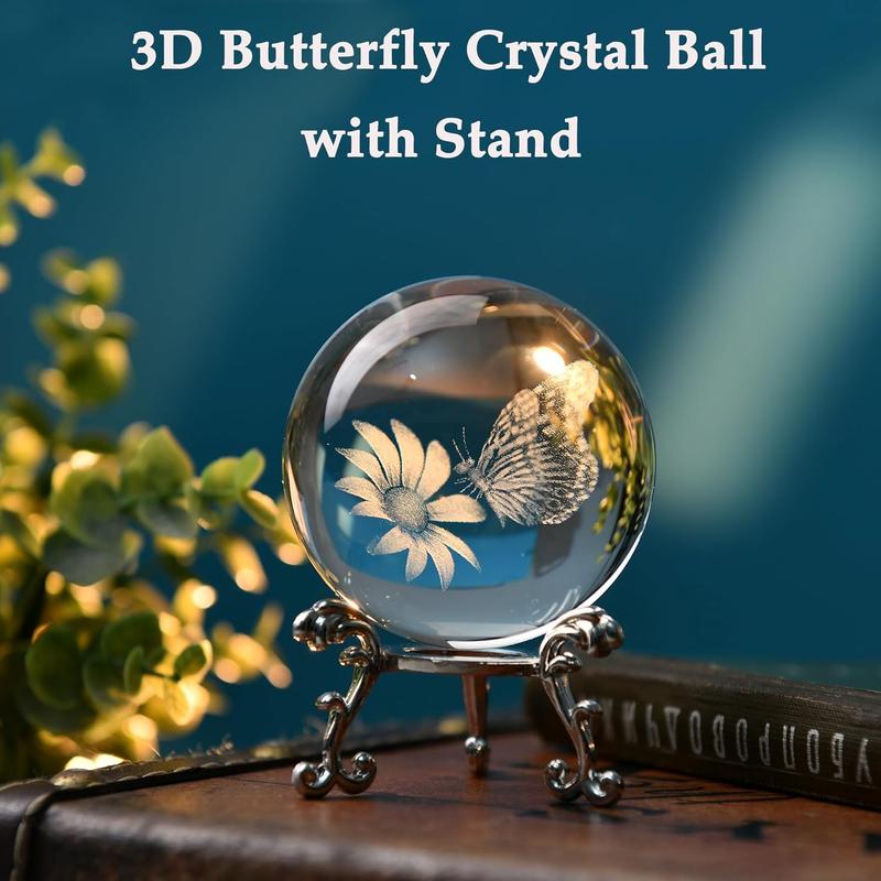 OneLight 3D Butterfly Crystal Ball 60mm Gifts Ideas for Girlfriend Wife Mom Couple Birthday, Christmas Gift Her Butterfly on Sunflower in Glass Ball with Stand Butterfly Sphere Novelty Home Decor