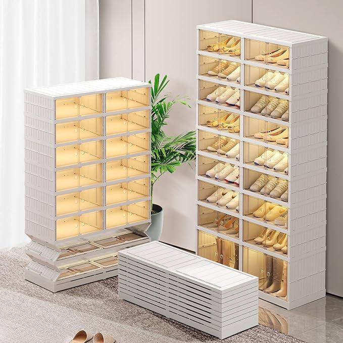 Special Offers--9-Tier Foldable Shoe Rack Box - Clear Plastic Stackable Shoe Cabinet, Space-Saving Storage Organizer, Magnetic Storage Cabinets, Collapsible Shoeboxes