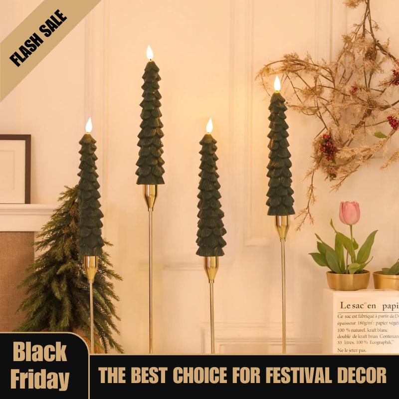 Christmas Decor Christmas Tree Candles For Christmas Gift Christmas Tree Candles with Remote, Waxy Flameless Taper Candles Flickering, Green LED Candlesticks Battery Operated for New Year Celebration Holiday Decorations 9.7 Inches