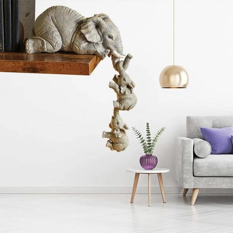 3Pcs Set Elephant Shelf Sitter, Mother Elephant Hanging Baby Elephants, Mantelpiece Decoration, Elephant Statue Sculpture Resin Figurines for Home Decor Ornaments