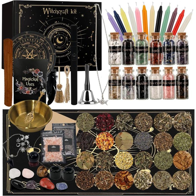 Witchcraft Supplies Kit 132 PCS, Wiccan Supplies, Including Witchcraft Herbs, Spell, Crystals Witchcraft, Witch Starter Kit Spiritual Healing Altar, Christmas Gift